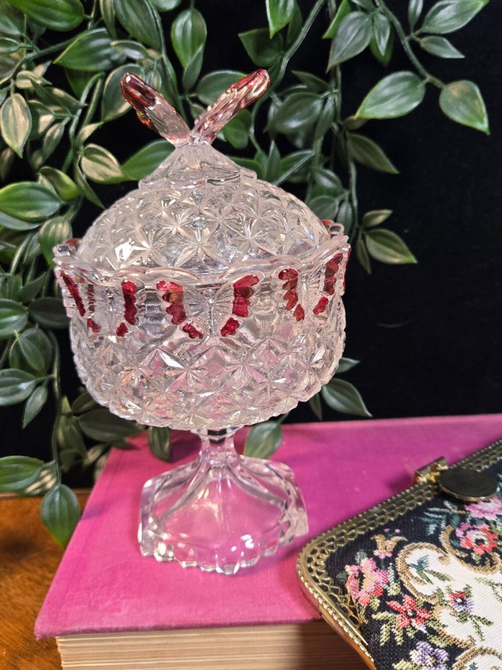 Vintage Hofbauer Papillon Crystal Butterfly Candy Dish Red Germany